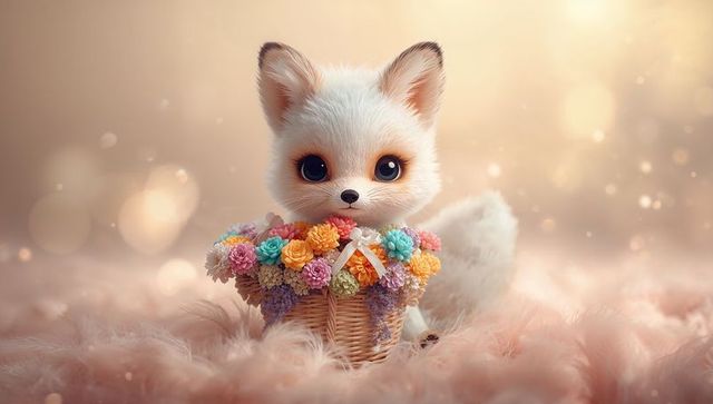 Fluffy white fox cub nestling behind flower-filled wicker basket on soft pink fur