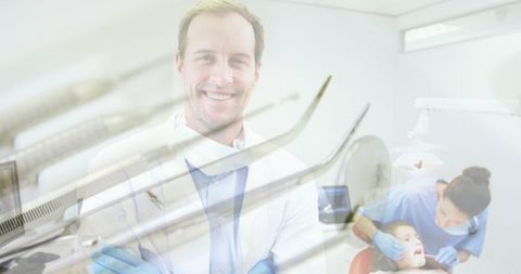 Confident Dentist Standing in Clinic with Medical Instruments in Foreground
