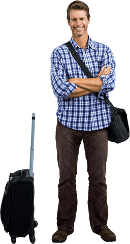 Smiling Man with Luggage in Plaid Shirt on Transparent Background - Download Free Stock Videos Pikwizard.com