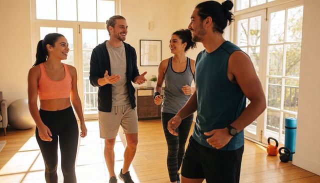 Smiling fitness friends chatting after workout in sunlit home studio with kettlebells