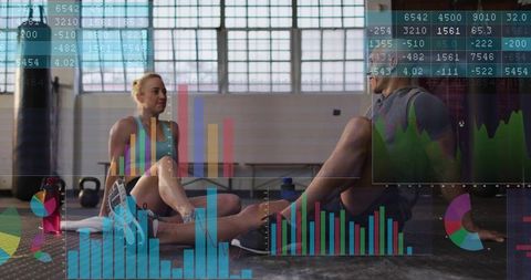 Chatting gym partners stretching and recovering between workouts with data-driven fitness overlay