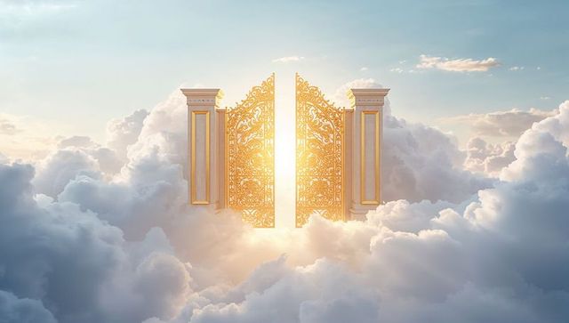 Golden celestial gates opening above clouds casting sunbeams through ornate filigree