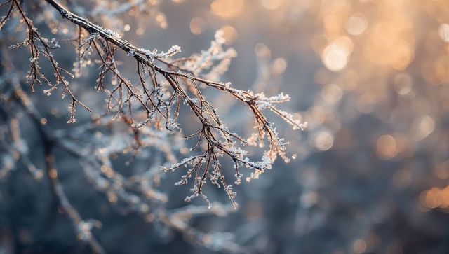 Frosted birch branch holding hoarfrost crystals against golden bokeh winter morning
