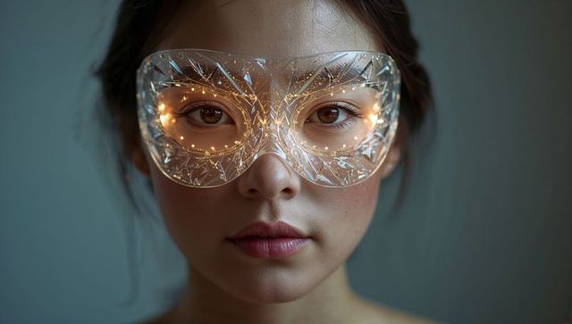 Young woman wearing crystal led eye mask closeup portrait with warm fairy lights glow
