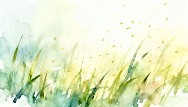 Sunlit watercolor meadow with swaying grass and golden seed flecks for spring background