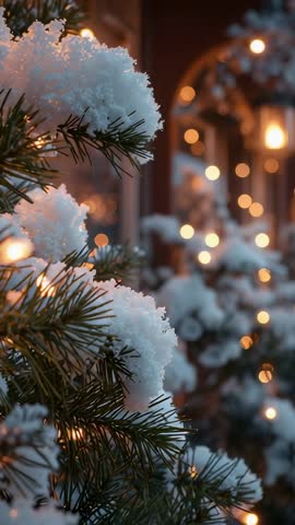 Snow-dusted pine branch swaying beside lantern-lit arched doorway with warm bokeh lights