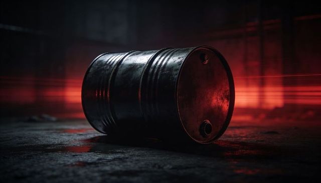 Rusting Steel Drum Lying on Wet Concrete with Red-Orange Rim Light Evoking Neglect