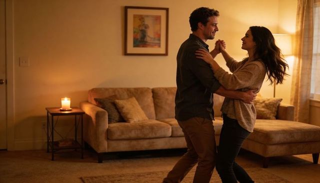 Couple dancing in cozy living room, candlelight romance and intimate home moment