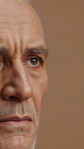 Vertical close-up of senior man lifting eyelid and shifting gaze in contemplative profile