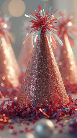 Vertical Party Video: Glittering Red Hat with Swinging Silver Ball and Confetti Motion