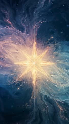 Vertical cosmic: Emerging eight-pointed star pulsing rays through swirling pink-blue nebula