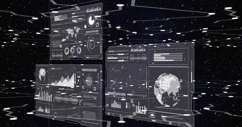 Holographic Data Dashboards Floating in Space Showing Wireframe Globe and Analytics