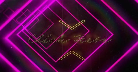 Pulsing Neon Tunnel Forming Magenta Rotated Squares Showing Retro Click Here Glow Overlay