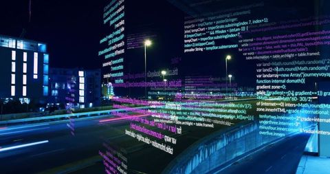 Streaming cyan and magenta code trails along curved highway ramp at night, cyberpunk glow