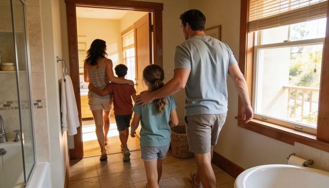 Morning family walking through sunlit bathroom into bedroom wearing shorts and t-shirts