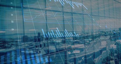 Digital data analytics merging with modern cityscape at dawn