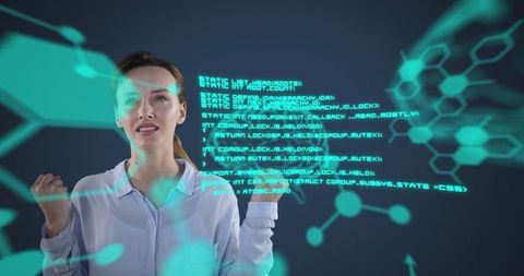 Woman engaged in virtual data world, embracing digital tomorrow