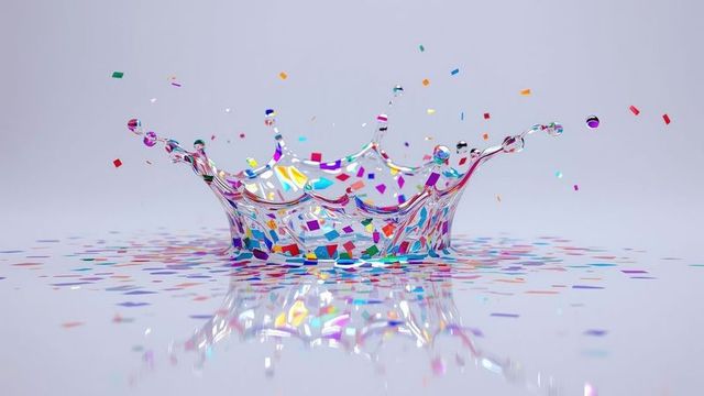 Crown shaped water splash with colorful confetti highlights celebration