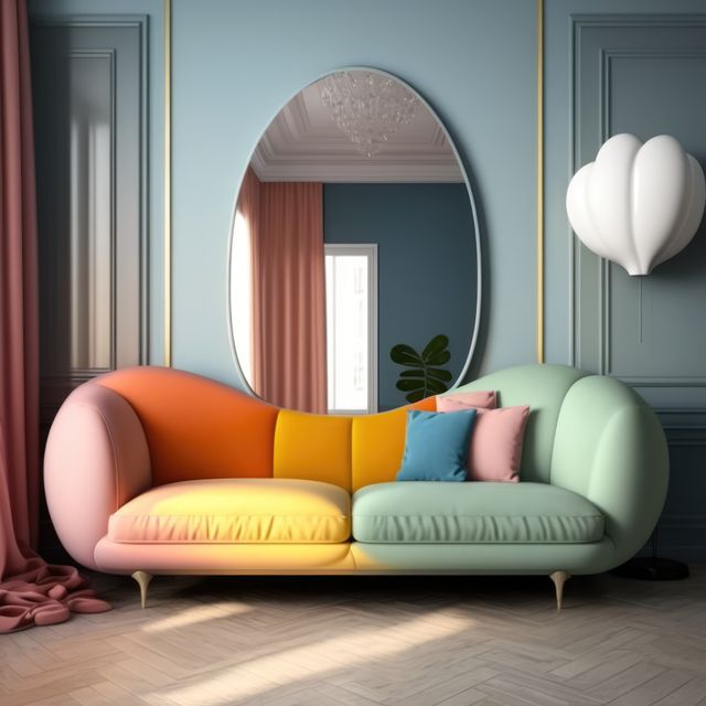 This colorful living room showcases modern interior design with a stylish sofa in vibrant pastel colors. The sophisticated large oval mirror adds elegance, while the soft pillows and flowy curtains create a cozy ambiance. Ideal for use in home decor magazines, interior design blogs, or advertisements for contemporary furniture and stylish living spaces.