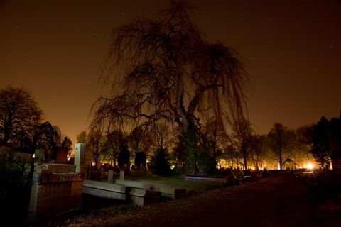 Eerie Cemetery at Night with Glowing Orange Sky