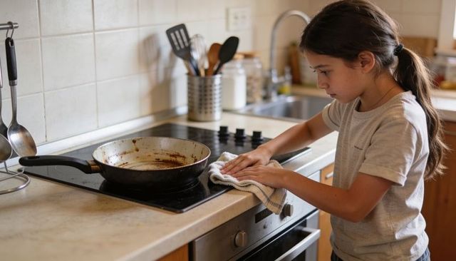 Preteen girl wiping stove cooktop in home kitchen teaching chores and responsibility