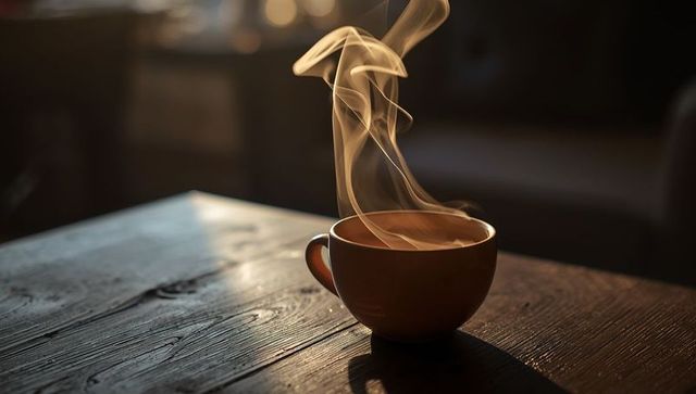 Steaming Mug on Rustic Wooden Table Near Window