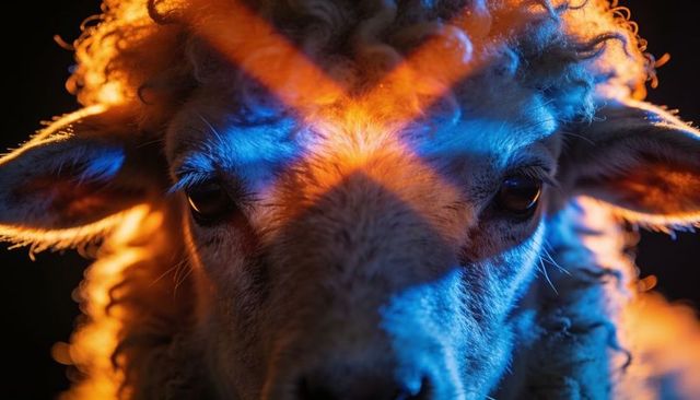 Woolly sheep portrait glowing orange and blue gels, curly fleece, dramatic intense gaze closeup