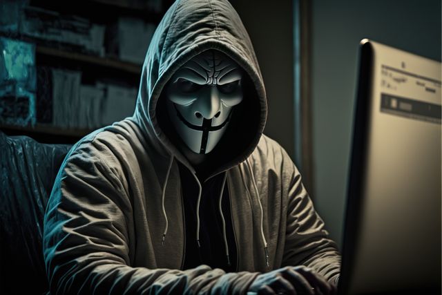 Person in Guy Fawkes mask sitting at computer, symbolizing hacking and cybercrime. Perfect for illustrating articles on cybersecurity, data breaches, confidential information theft, hacking threats, and internet fraud.