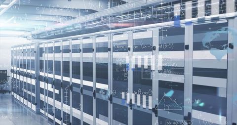 Futuristic Data Center Aisle with Digital Math Equation Overlay