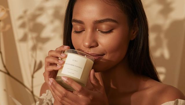 Smiling woman holding handmade glass candle near face, enjoying scent and calm moment