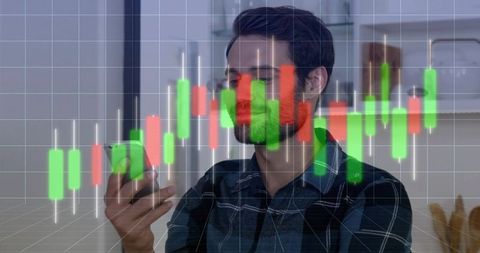 Young man trading stocks on smartphone with candlestick chart overlay for fintech marketing
