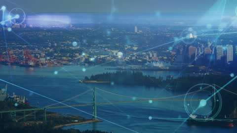 Futuristic Network Over Cityscape with Bridge and City Buildings