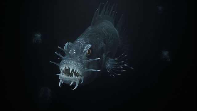Bioluminescent deep-sea predator prowling abyss with jagged teeth and glowing spots