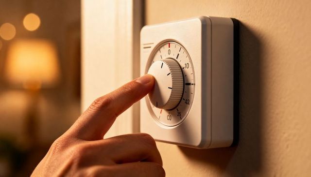 Hand Adjusting Thermostat Dial in Warm Home Lighting for Comfort and Energy Control