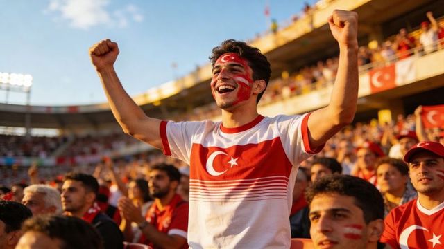 Turkish football fan cheering with painted face and raised fists in crowded stadium
