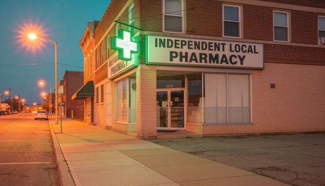 Independent local pharmacy storefront at dusk with lit green cross sign on quiet corner