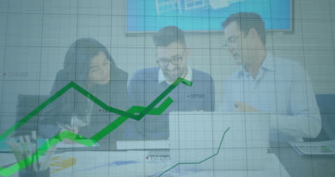 Business Team Analyzing Financial Growth with Data Overlay