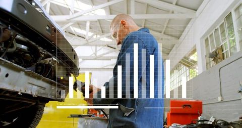 Mechanic repairing car engine with data overlay and diagnostics in bright garage workshop