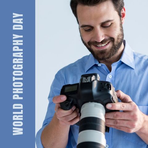 photographer smiling at camera display for world photography day campaign - Download Free Stock Templates Pikwizard.com
