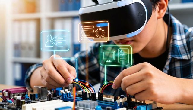 Asian teen wearing vr headset assembling electronics circuit board with holographic ui