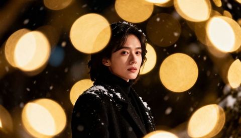 Woman Wearing Black Coat Standing in Snowy Night with Warm Bokeh Lights, Contemplative Gaze