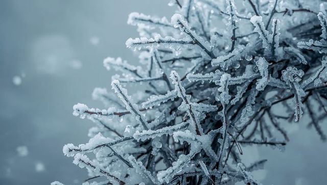 Hoarfrost crystals coating winter twigs sparkling with rime ice in snowy hedge