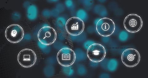 Pulsing digital interface showing analytics, search, education and global icons