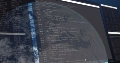 Javascript code overlapping earth on computer screen concept