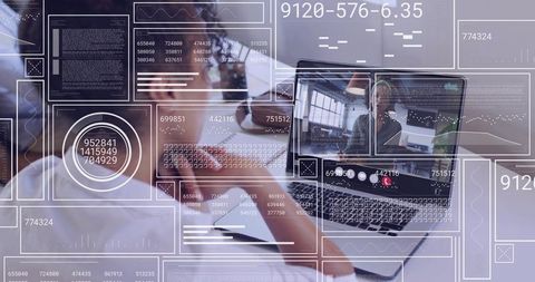 Businesswoman collaborating in remote video meeting with digital dashboard HUD overlay