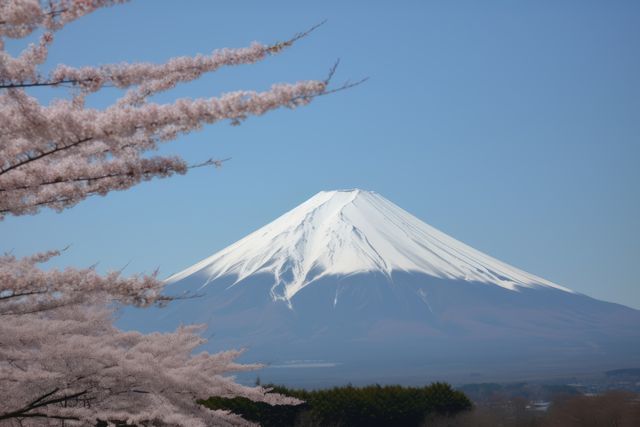 Cherry Blossoms in Full Bloom with Snow-Capped Mount Fuji - Download Free Stock Images Pikwizard.com