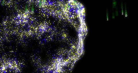 Forming neon particle head silhouette in digital data void with floating binary