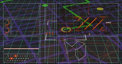 Futuristic dark cyber network dashboard with neon grid and 3d routing visualization