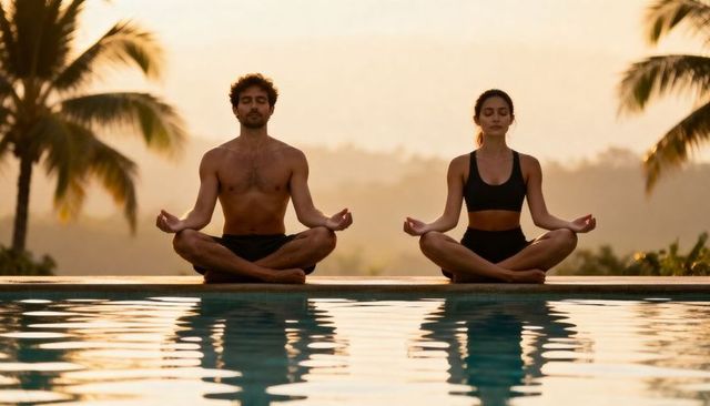 Couple meditating by reflecting pool at sunset, tropical palms, serene wellness retreat