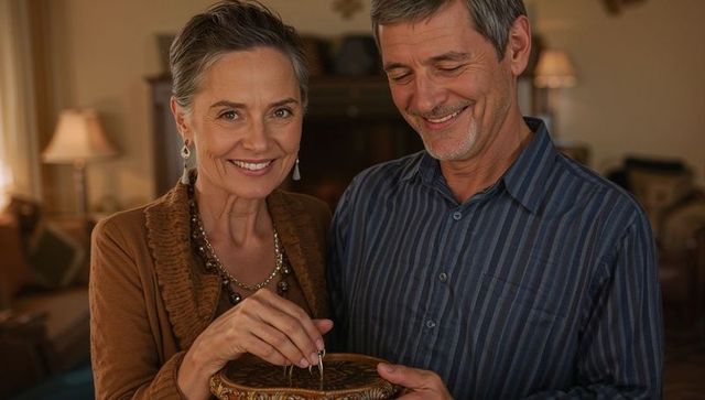 Senior couple exchanging keys with ornate wooden bowl in cozy living room